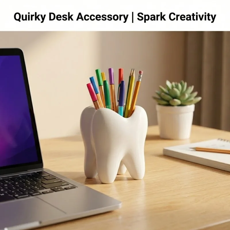 Organizador de Mesa em Forma de Dente Impresso em 3D para Escova de Dentes, Maquiagem, Canetas, Armazenamento de Banheiro e Decoração de Casa