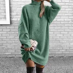 Popular Knee Length Women Winter Knitted Solid Color Pullover Knitting Dress Plus Size Breathable Women Dress Streetwear