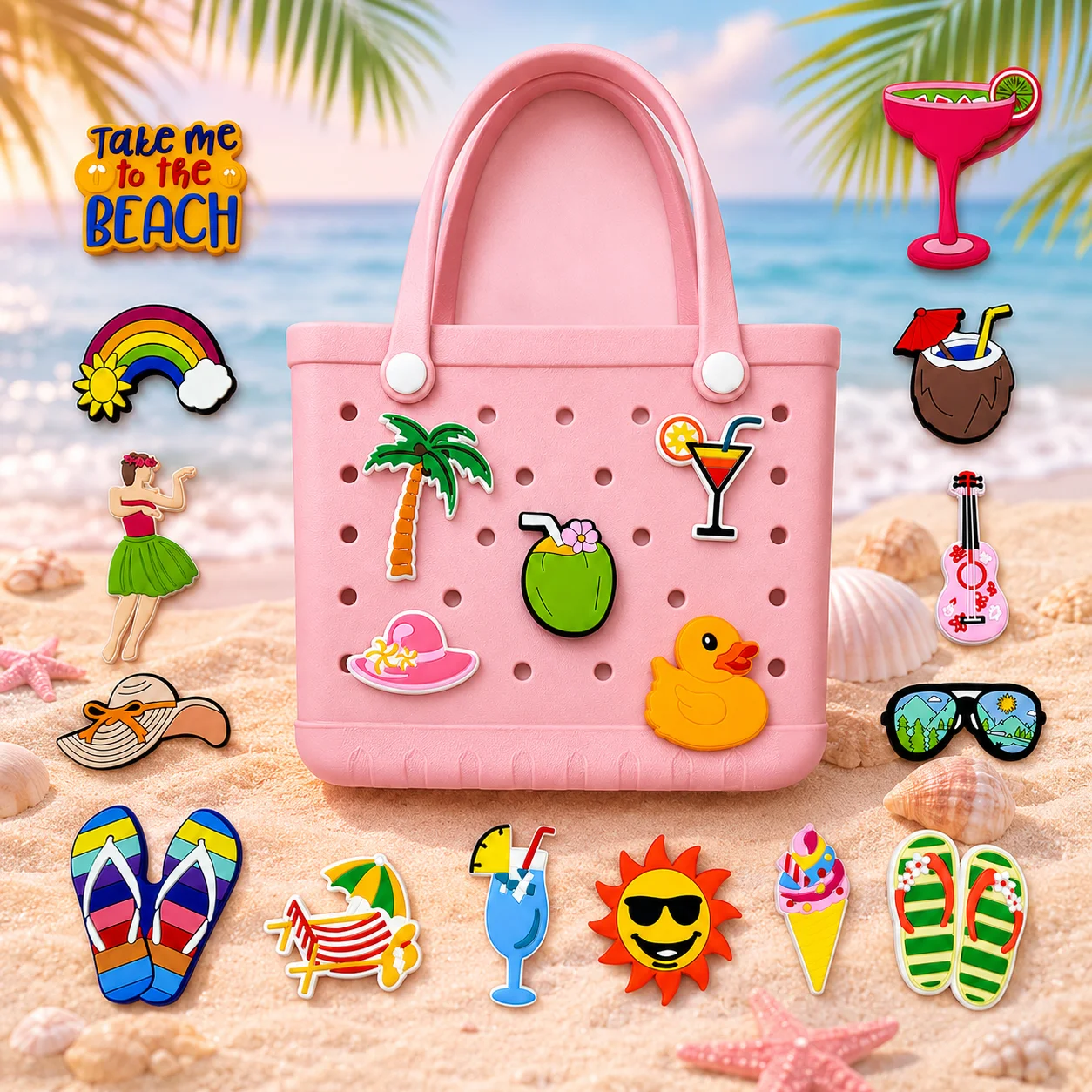 1pcs Tote Bag Charms for Women Girls Holiday Trend Bag Accessories Hats Sunglasses Ice cream Coconut Bag Decoration Clog Buckles