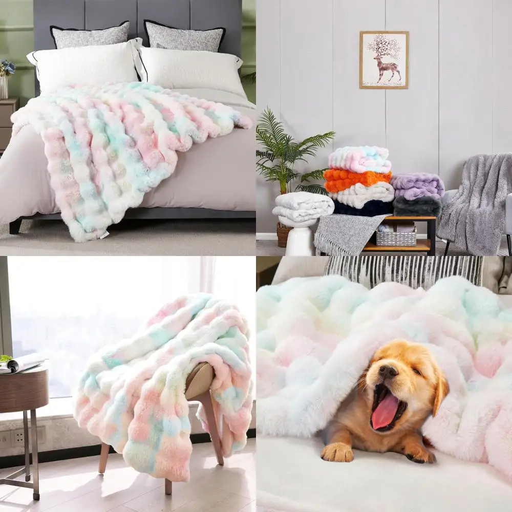 

Colorful Oversized Soft Thick Bubble Faux Fur Throw Blanket Twin Size 60x70, Cozy Warm Luxury Fuzzy Bed Blanket, Ideal for Comfo