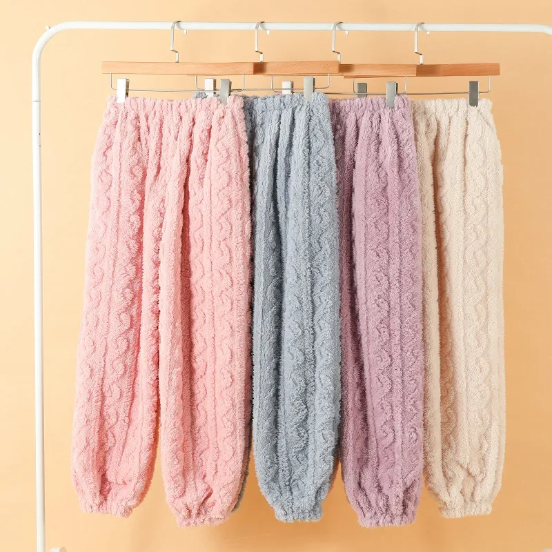 Women Sleep Bottoms Pants Solid 2024 Winter Velvet Thick Pajama Trousers Soft Warm Flannel Sleepwear Female Casual Homewear
