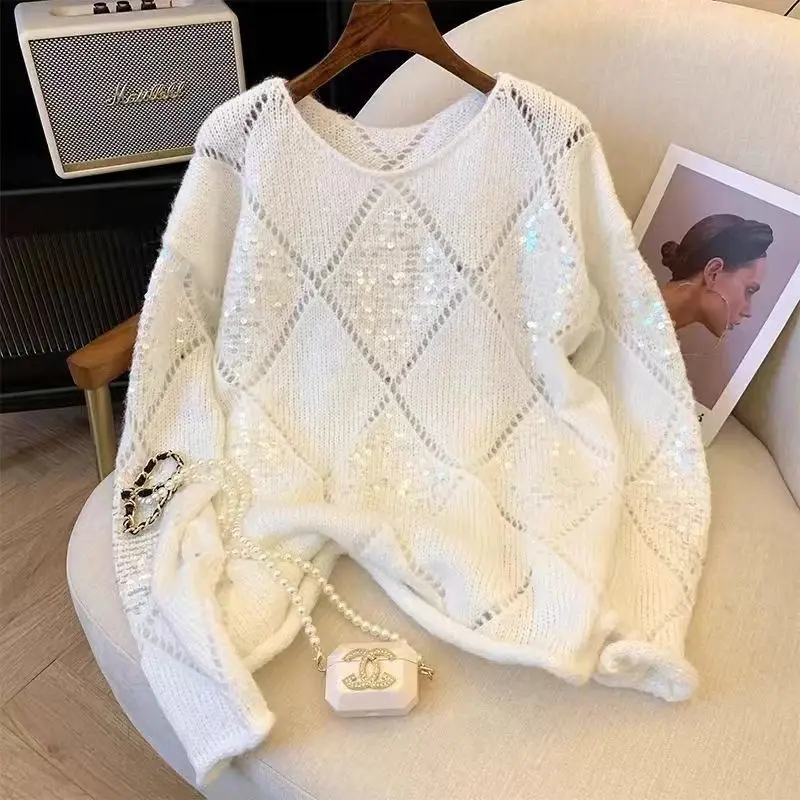 2024 Spring Autumn New Women\'s Solid Color Round Neck Spliced Hollow Out Sequined Fashion Loose Long Sleeve Sweater Knitted Tops