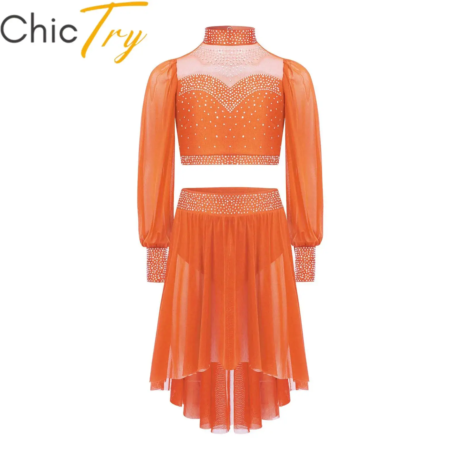 

Kids Girls Ballet Lyrical Dance Sets Modern Contemporary Figure Skating Dancewear Long Sleeves Cutout Back Crop Top with Skirt