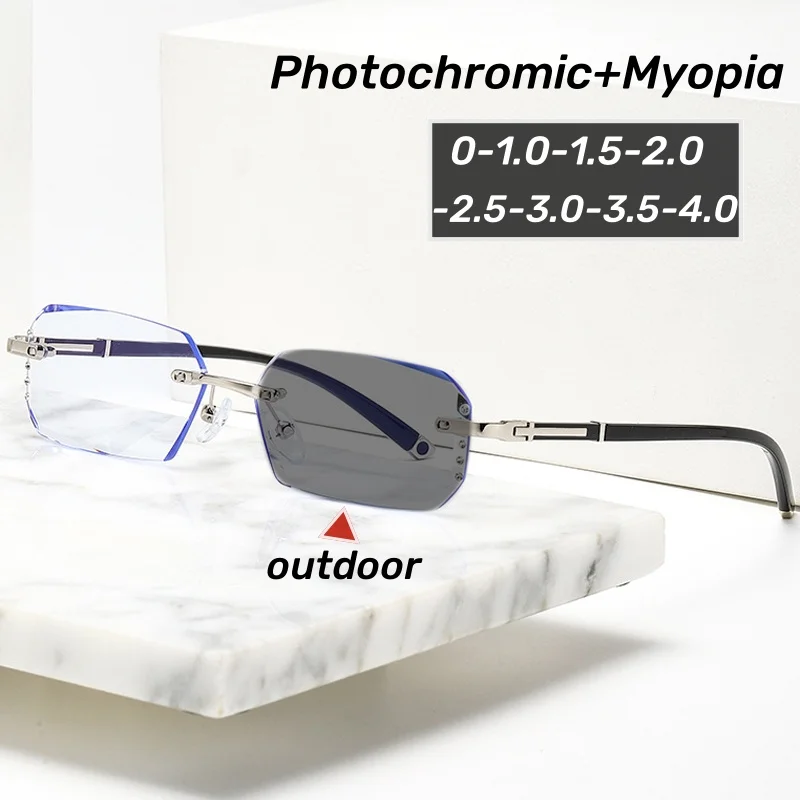 

Luxury Frameless Photochromic Minus Glasses Fashion Finished Myopia Diopter Glasses Outdoor Color Changing Sunglasses 0 To -4.0