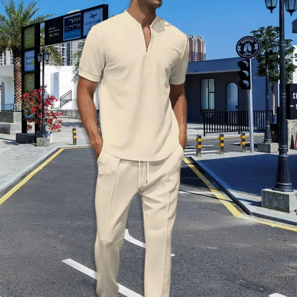 Two-piece Men Suit Men Casual Two-piece Set Men's Casual Two-piece Outfit Set with Stand Collar Zipper Neckline for Various