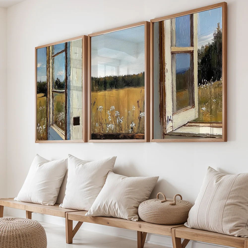3Pcs Vintage Window Field Landscape Oil Painting Canvas Wall Decor Painting, Art Home Decoration For Bedroom Living Room