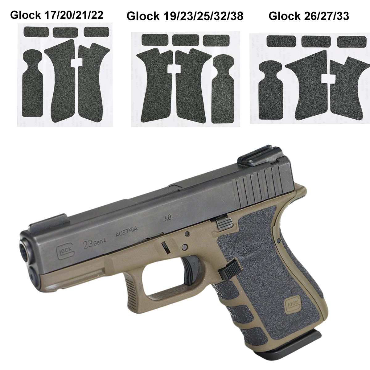 

Аксессуары для пистолетов: магазины и кобуры для Glock 17, 19, 20, 21, 22, 25, 26, 27, 33, а также нескользящая резиновая текстурированная лента-накладка на рукоятку 9 мм.