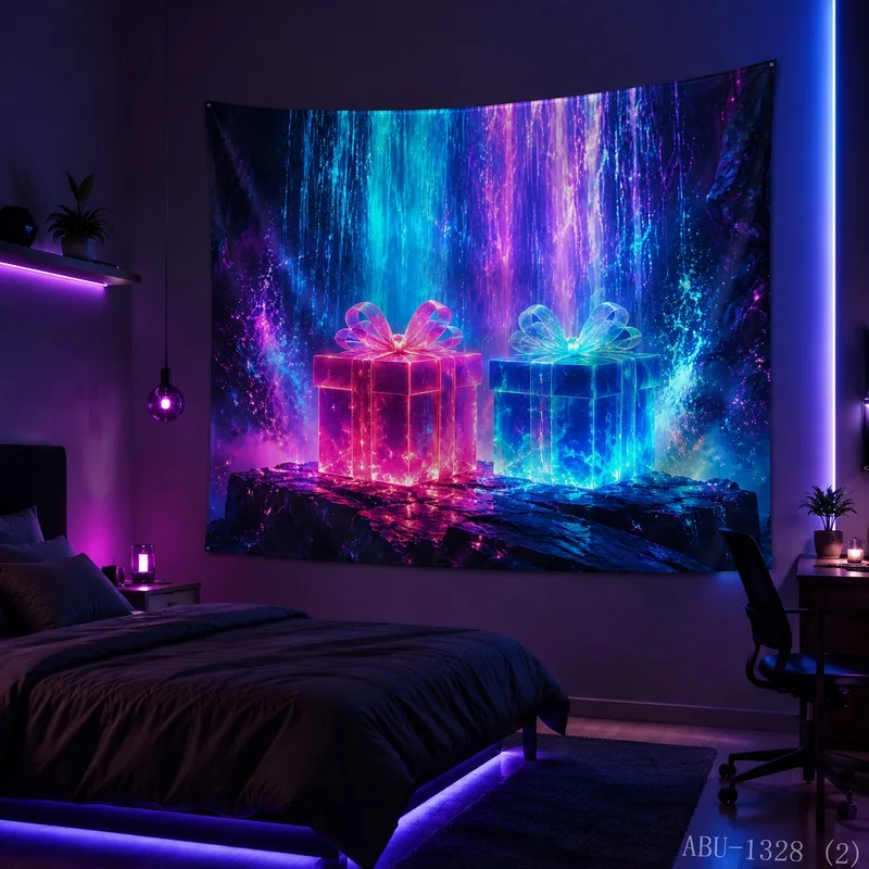 VIKAMA Gift Box Blacklight Glow Tapestry Wall Hanging, Non-Fading Print, Wall Art for Bedroom Dorm Party Game Room Bar Decor