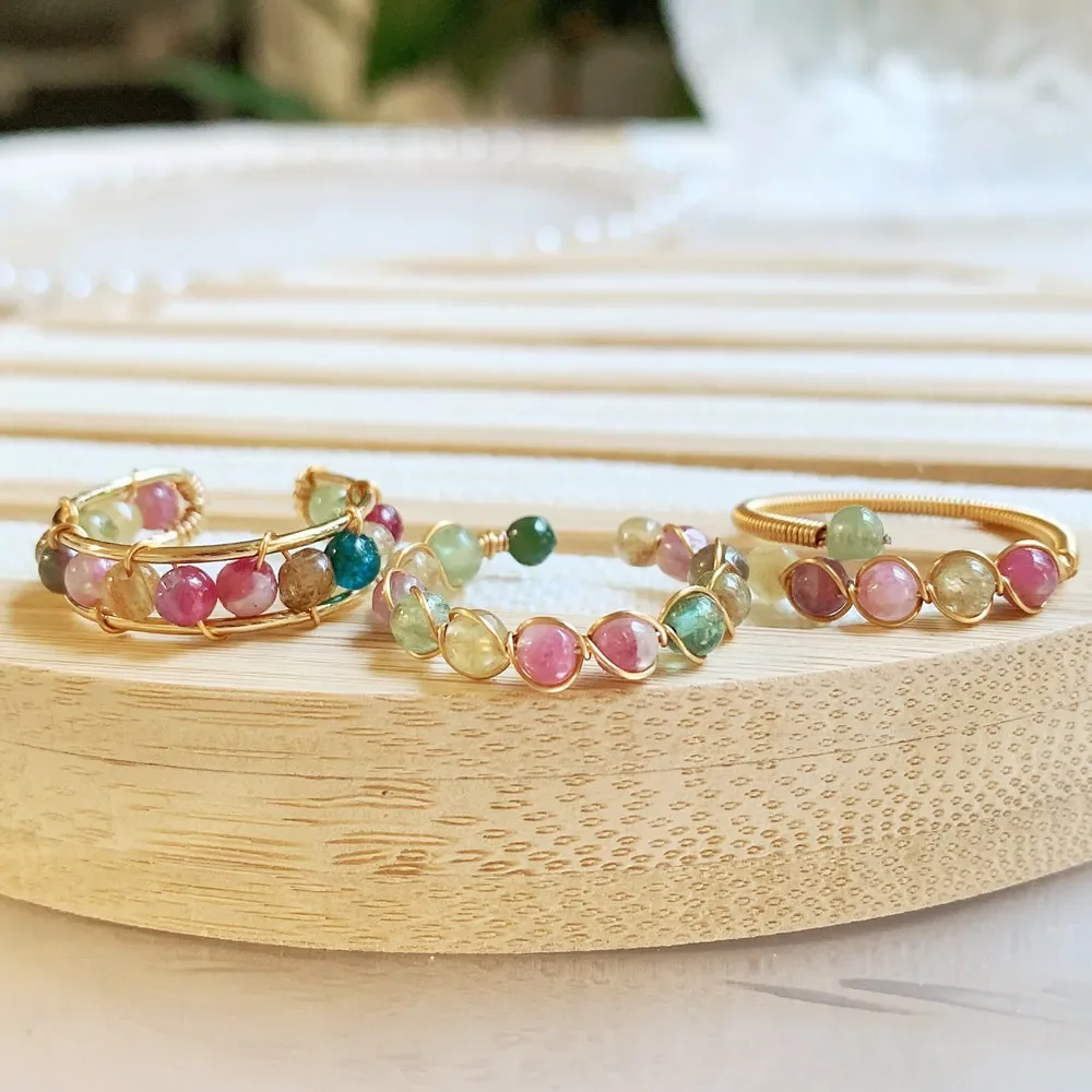Wire Wrap Natural Tourmalines Crystal Rings for Women Small Beads Charm Gold Color Mixed Colorful Quartz Stone Crystal Open Ring