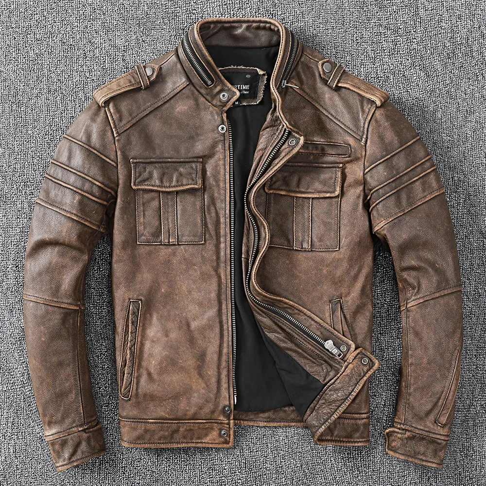 New Men Cowhide Coat Men's Genuine Leather Jacket Vintage Style Man Motorcycle Biker Leather Clothes