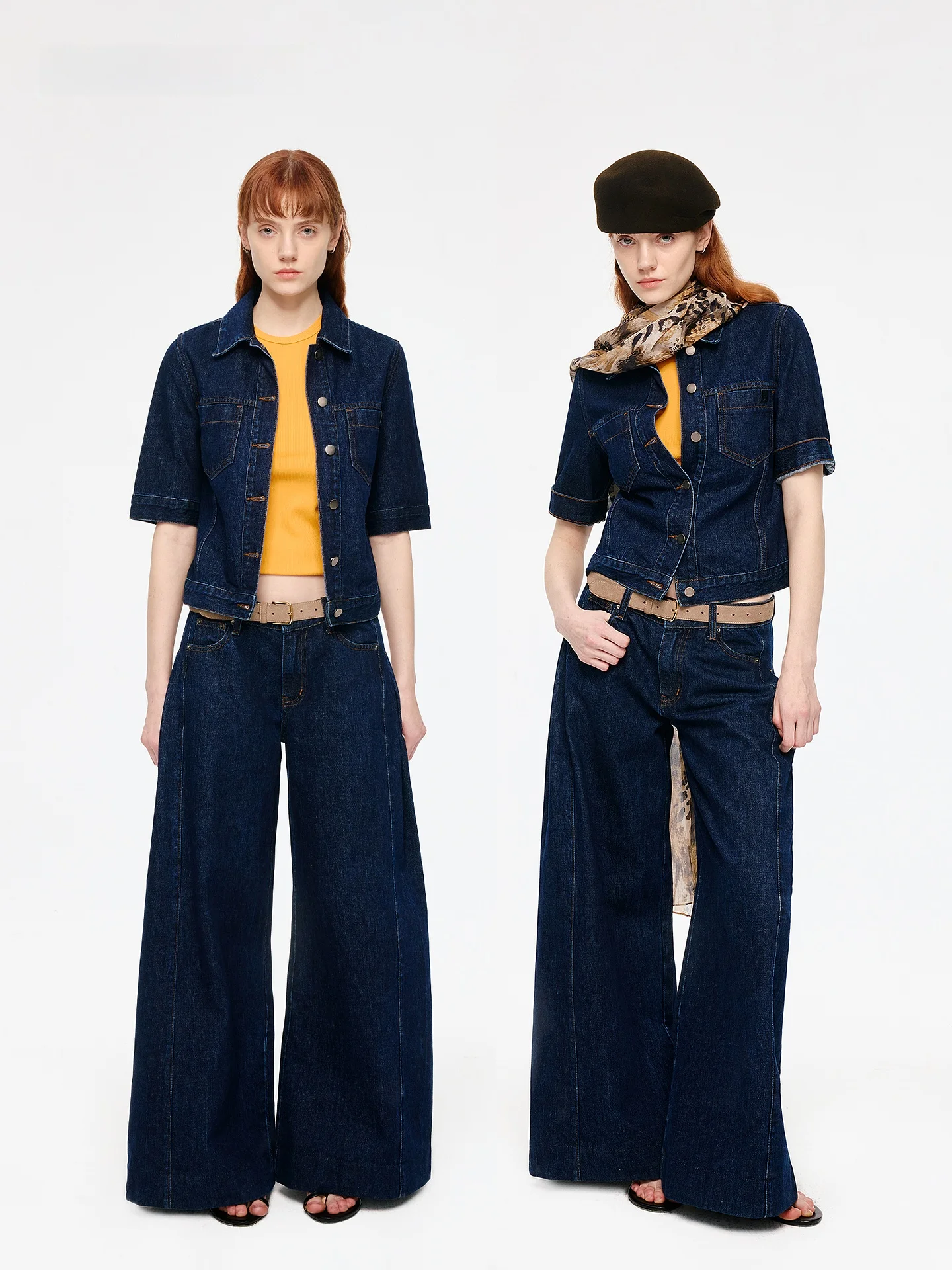 

Retro Original Denim Set Women's Spring 2026 Short Sleeve Shirt Pleated Wide Leg Pants Fashion Ensemble Pure Color Long Pants