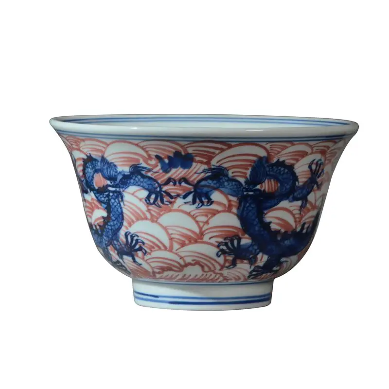 

Цзиндэчжэнь античный синий и белый фарфор алюминиевый красный дракон узор большая миска для лапши ретро миска для риса чайная миска