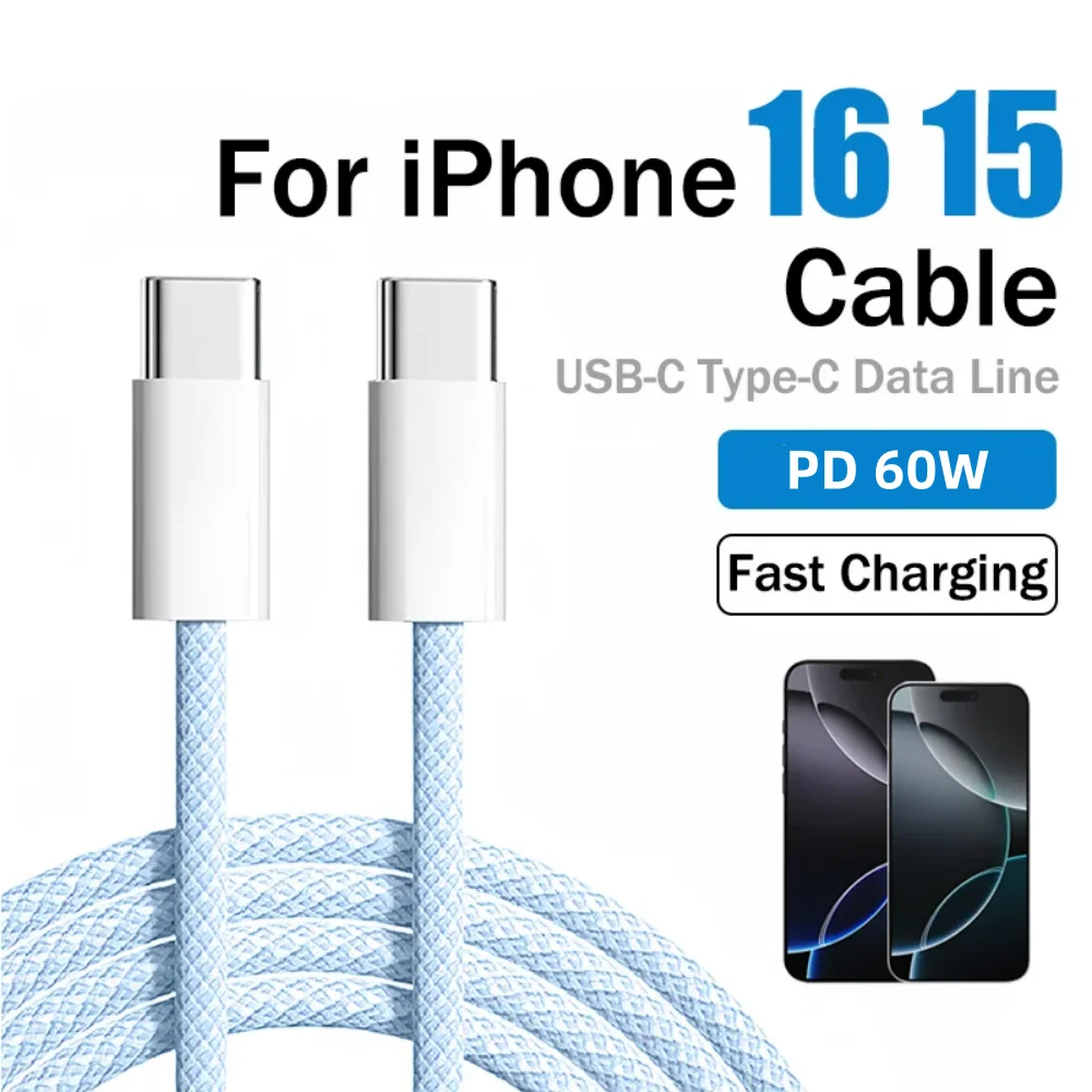 Cabo USB C de Nylon Trançado de 60W para iPhone 16 15 Pro Max Xiaomi Huawei Samsung Oppo Cabo de Carregamento Rápido