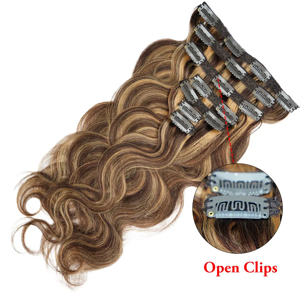 120G 7PCS Body Wavy Clip Hair Extensions Brazilian Machine Remy 100% Natural Human Hair Clip in Piano Color Caramel Brown