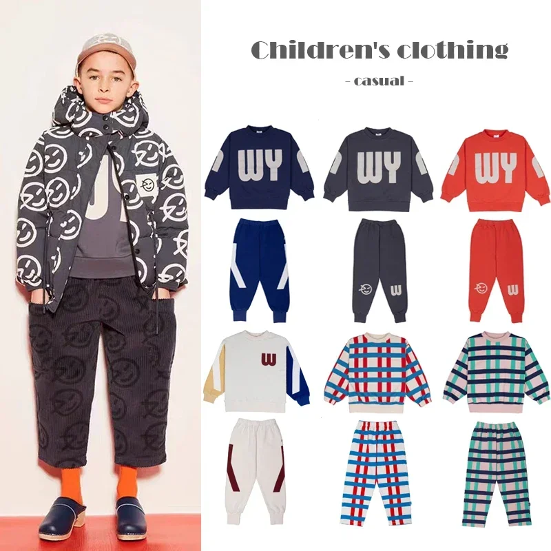 24AW Fashion Children's Sweatshirt Set Cotton Cartoon Letters Boys' Hoodie Pants Girls' Sweatshirt New Baby Autumn Clothes