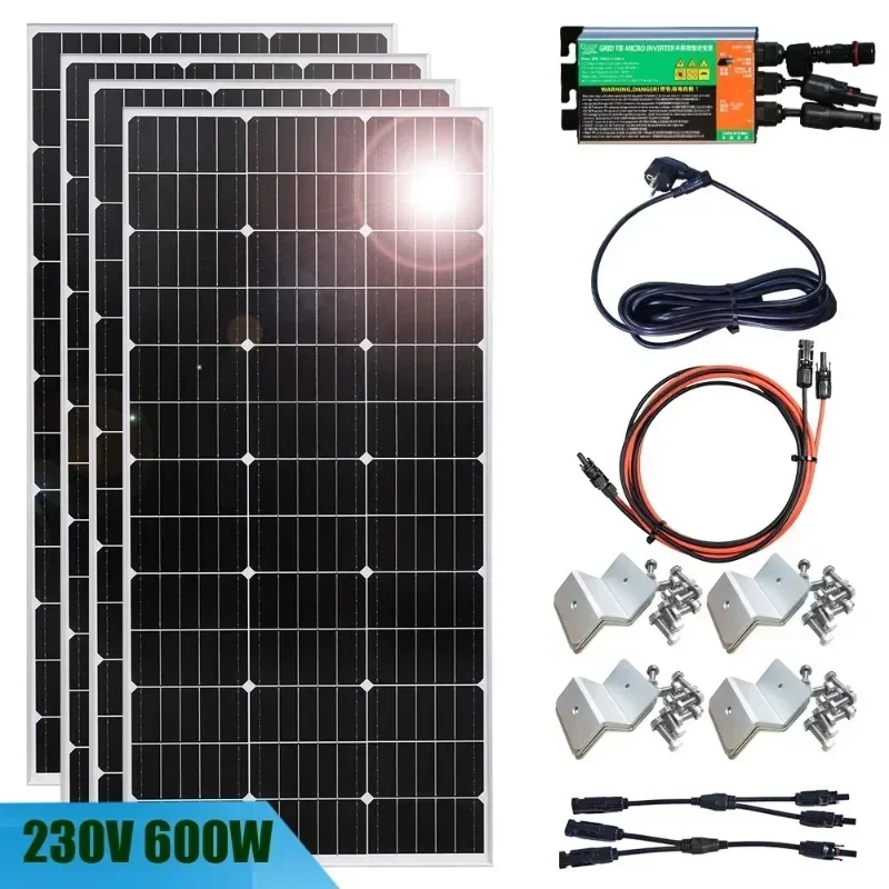 220v 230v Micro Inverter On Grid Solar PV System 600W Glass Solar Panel System Photovoltaic Panel Solar Balcony Home for Socket