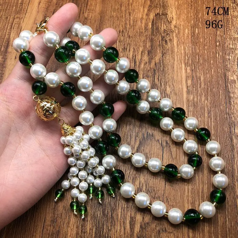 

Glass Pearl dress Sweater Chain Design Real Gold Plated Ball Tassel Pendant Necklace Versatile for Women