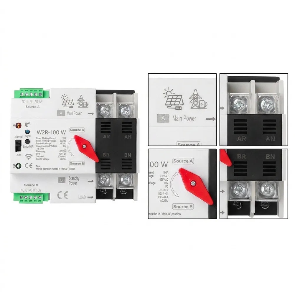 AC220V 100A 2P WIFI Dual Power Automatic Transfer Switch For Solar Generator Mains Backup For Smart For Tuya App Control For ATS
