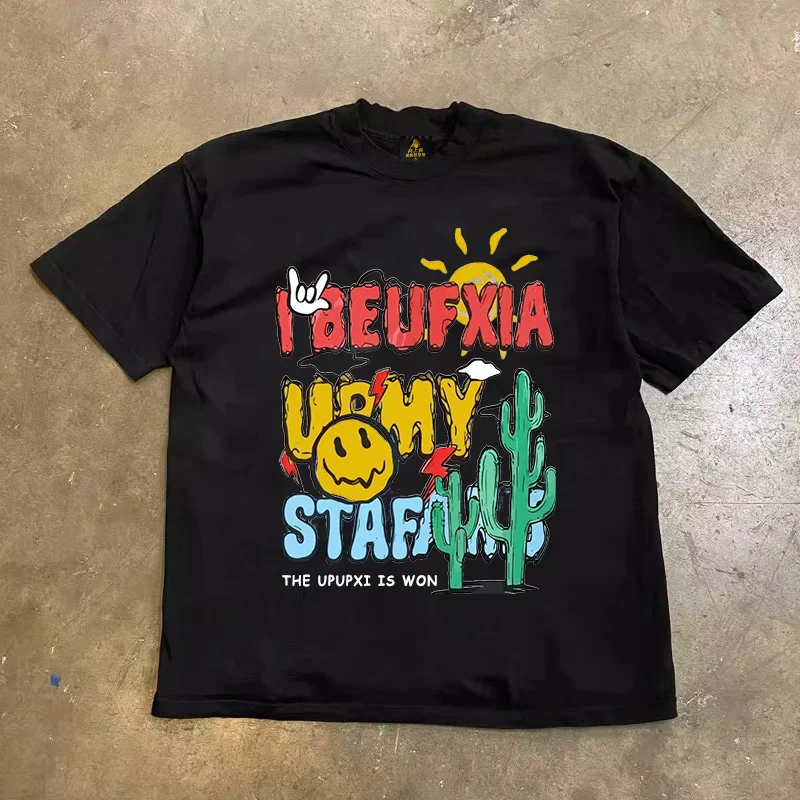 Loose Fit Cotton T-Shirt Unisex Short Sleeve Double Thread UPUPXIA Hero Print Sweat Absorbent round Neck Casual Summer Top