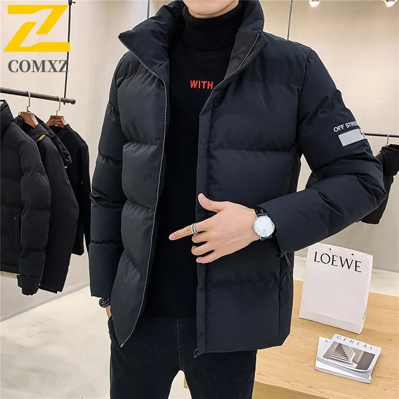 COMXZ Winter Fashion Stand Collar Cotton Jacket Solid Color Hooded Waterproof Windproof Outdoor Casual Warm Coat Men Streetwear