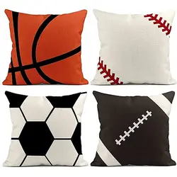 Funny Sports Throw Pillows Case Set of 4 Square Sport Game Pillowcase Soccer Baseball Football Home Decor 18X18 Inch Sofa Bed