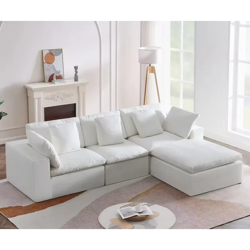 Overstuffed Seat L Shape Sectional Modular Boneless Couch Sponge Filling Compressed Cloud Sofa with Ottoman