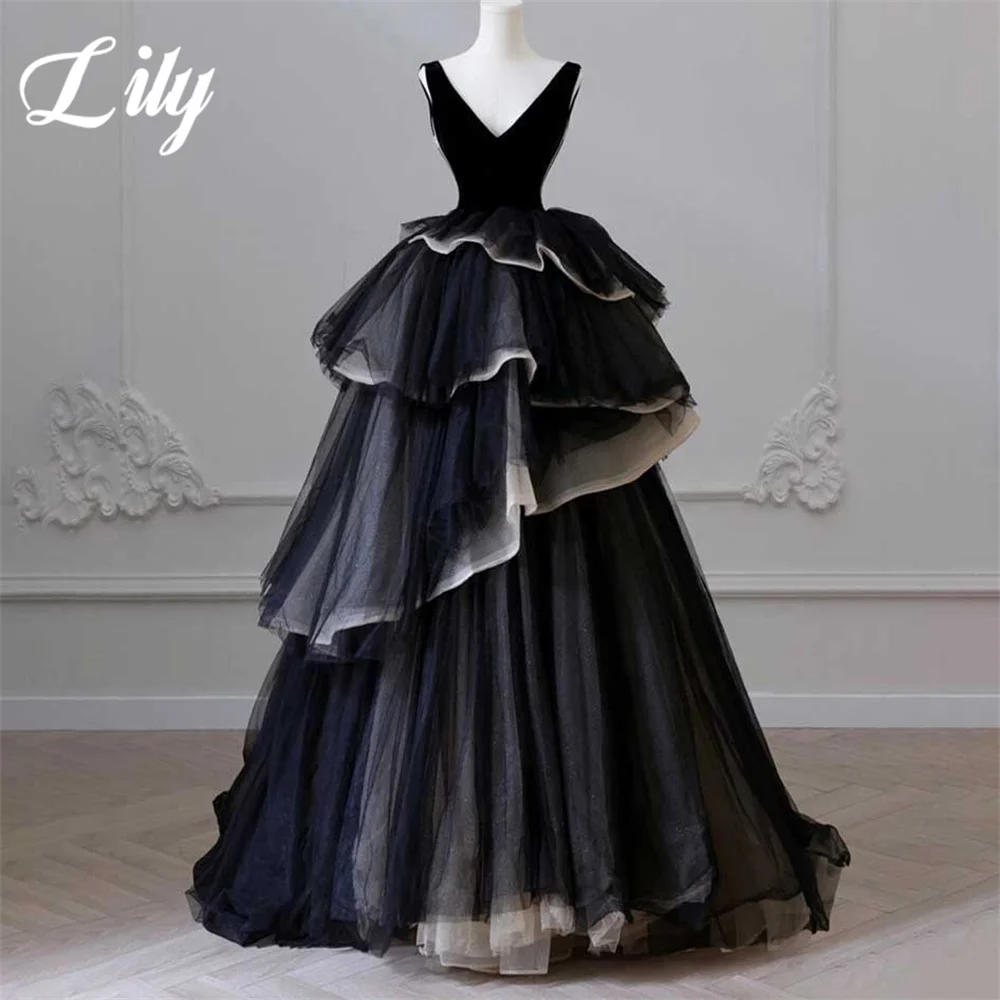 

Lily Black A Line Formal Dress Tiered Layer Tulle Party Dress Tank V-Neck Pleats Sleeveless Special Occasion Dress robe soirée