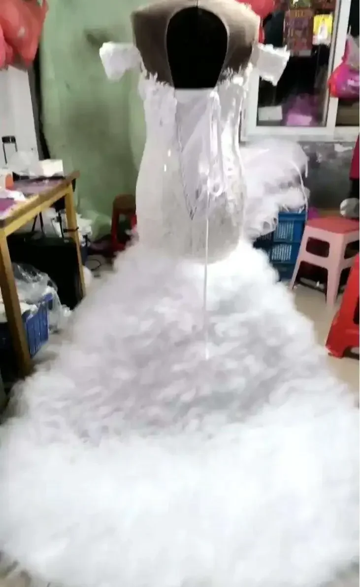 فساتين زفاف حورية البحر مطرزة حسب الطلب مع ذيل تول مكشكش فستان زفاف أفريقي فاخر مناسبة رسمية Fishtai