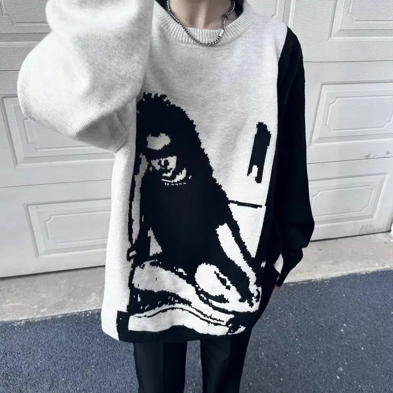 Casual Retro Mens Clothing Sweater Streetwear Knitted Sweater Portrait Painting Knitted Graphic Vintage Pullover ropa hombre