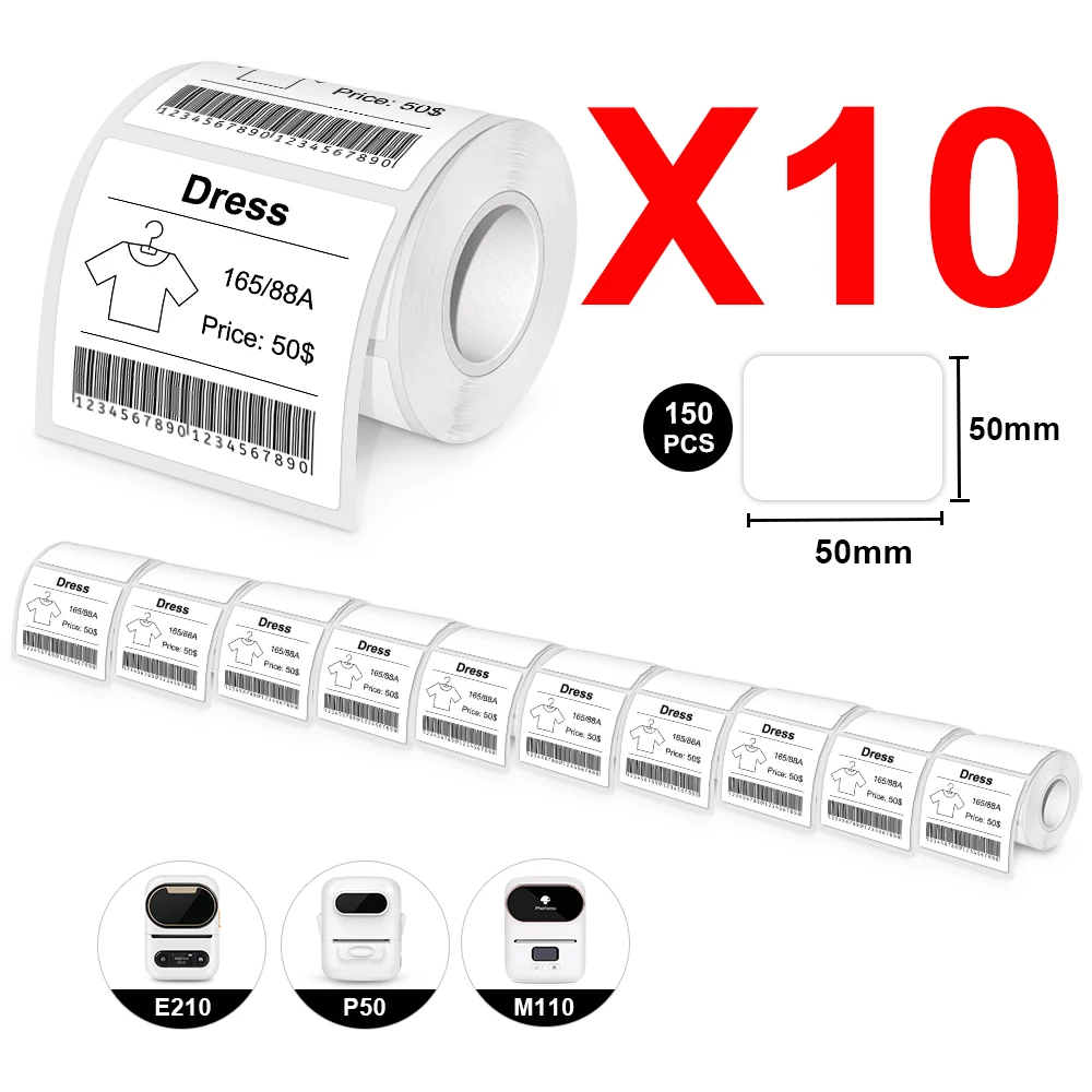 10Roll E210 White Label Paper 50*30mm 50*50mm Compatible E210 P50 Phomemo M110 Adhesive Thermal Label Printer Paper Sticker Tape