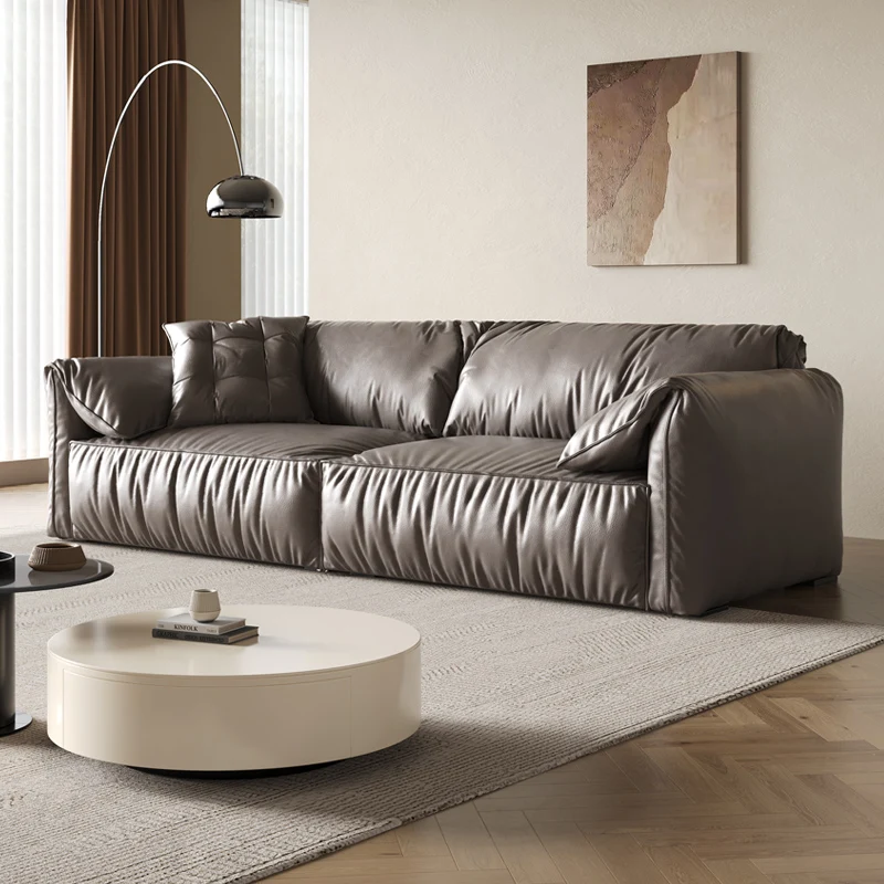 

Elephant ear genuine leather sofa, modern minimalist living room, straight row three person small unit, Italian minimalist sofa