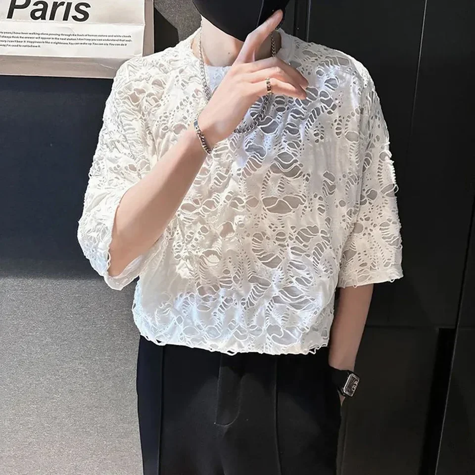 Korea Fashion Lace Hole Tops Summer T-Shirts Party Club Sexy Mens Clothing Ripped Short Sleeve