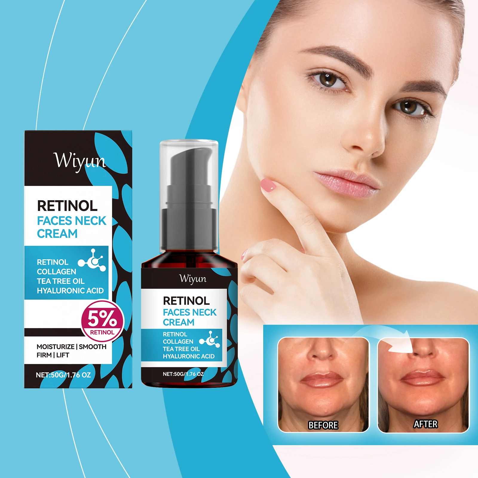 "Wiyun Retinol Cream for Face & Neck - Anti-Aging Collagen Booster z kwasem hialuronowym i olejkiem z drzewa herbacianego |   Głębokie nawilżenie, Wrin
