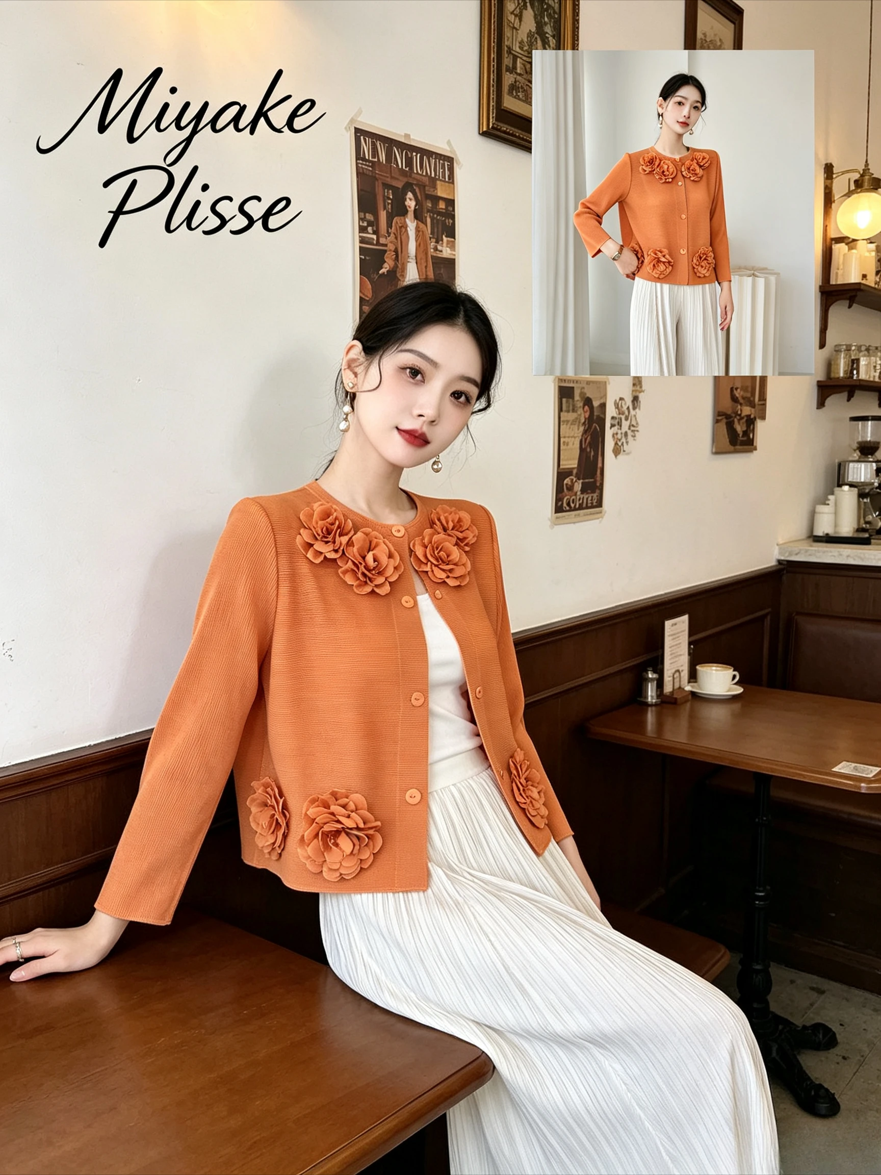 Miyake Pleated 2026 Autumn New Solid Color Embroidered Pleated Single-Breasted Loose Round Neck Solid Color Top for Women Pleat