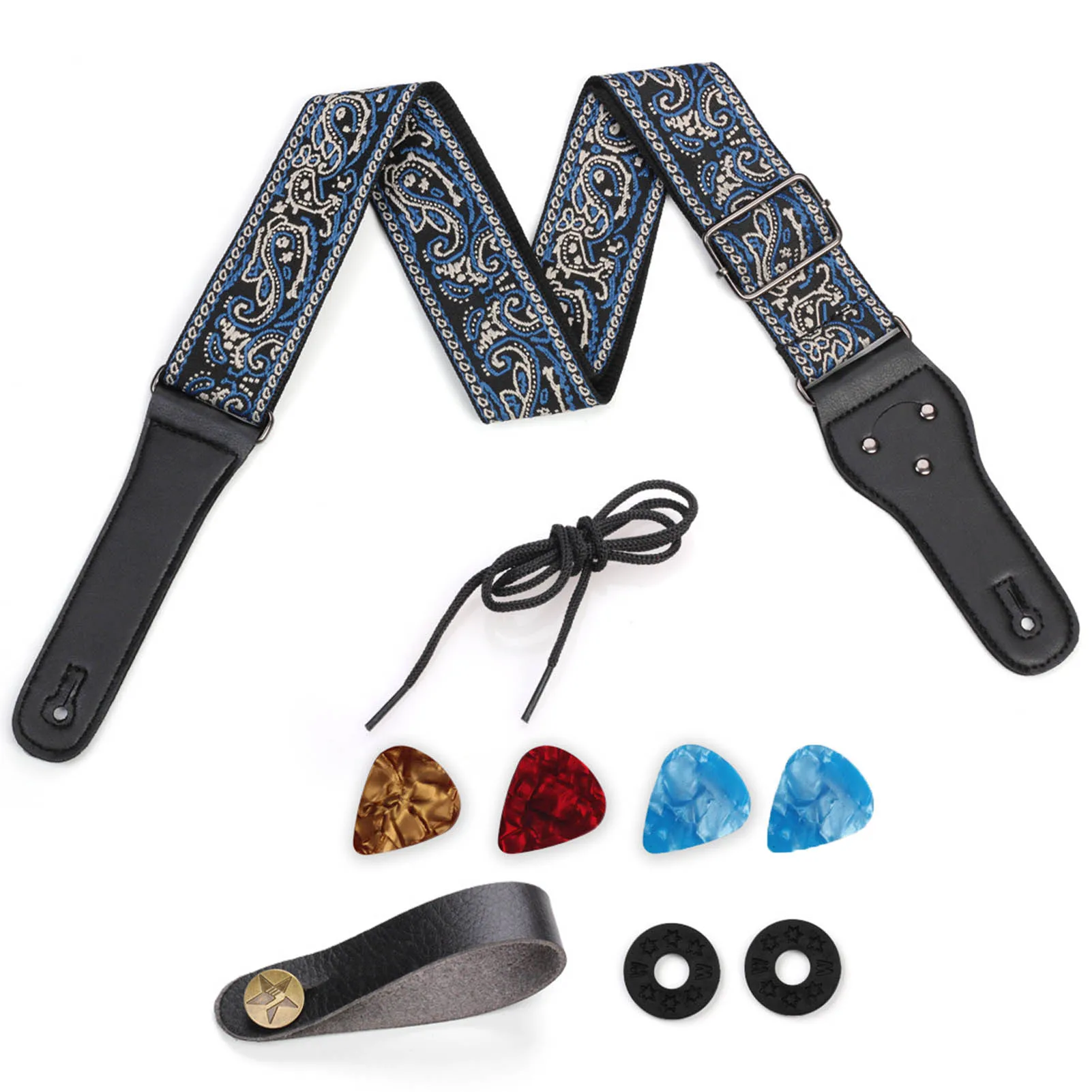 

Blue Gray Embroidered Guitar Strap Set Folk Acoustic Shoulder Strap Lanyard Guitar Pick Non Slip Buckle Kit