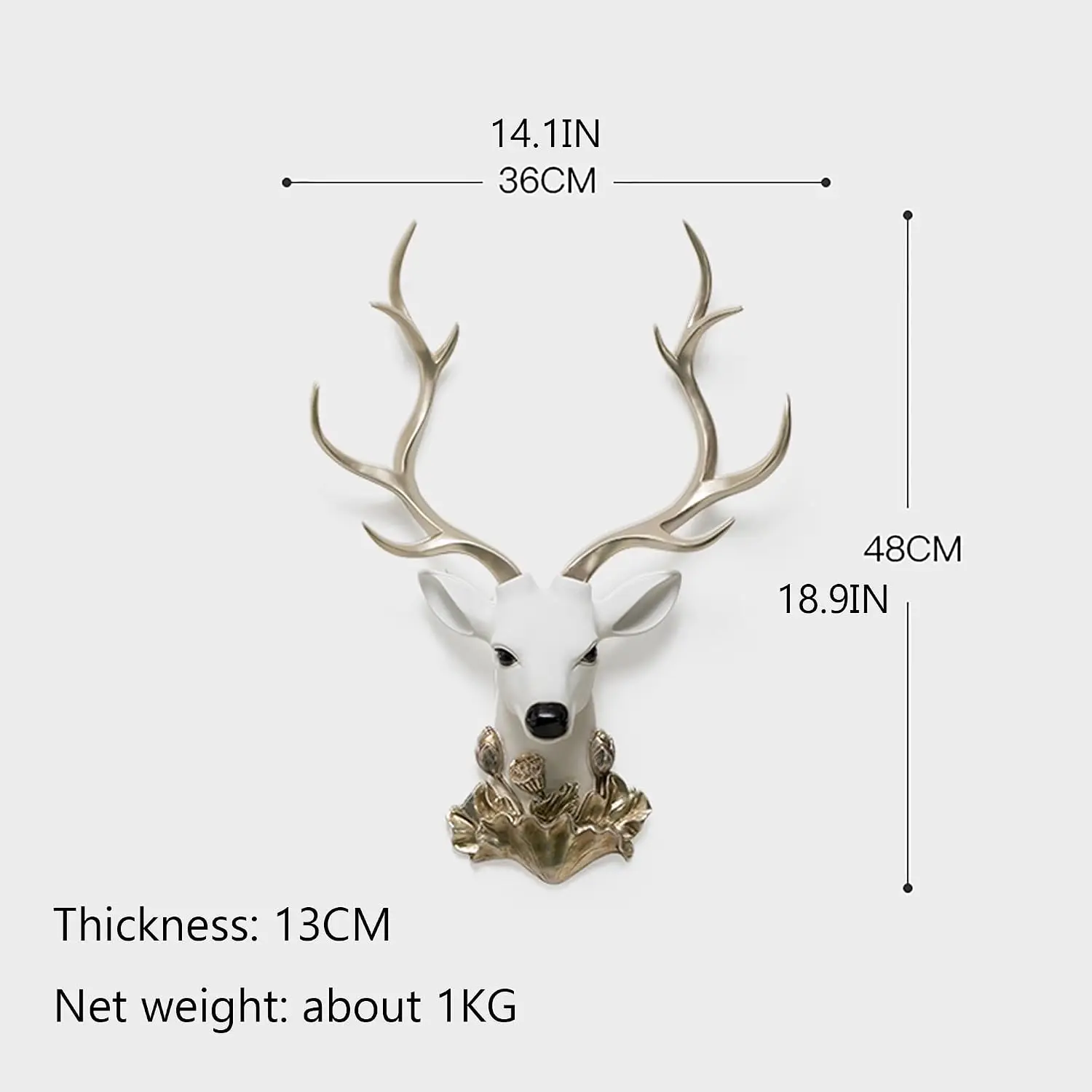 Deer Head Wall Mount Decoration, Faux Resin Animal Head Sculpture with Gold Antlers, White, 36x48c, Woodland Nursery Decor, Office Wall Decor, Christmas Wall Decor, Animal Head Wall Art for Wall Mounting
