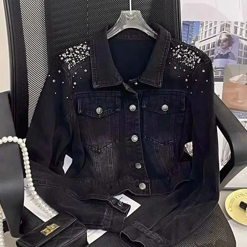 Early Short Denim Jacket Single-breasted Beaded Rhinestones Age-reducing Denim Jacket for Womens Autumn High-grade Design Jacket