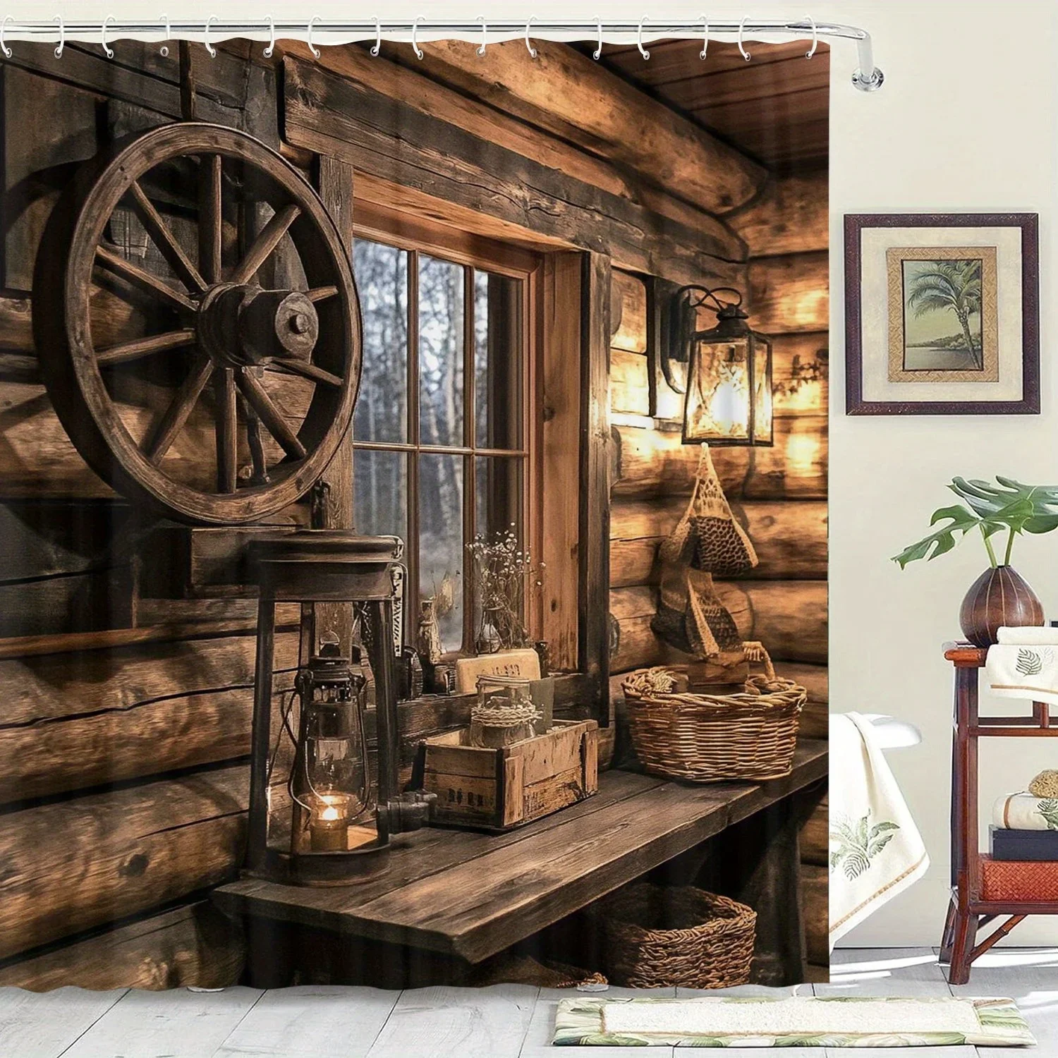 Rustic Wooden Window Shower Curtain: 12 hooks, waterproof, machine washable, artistic design, home/hotel use.