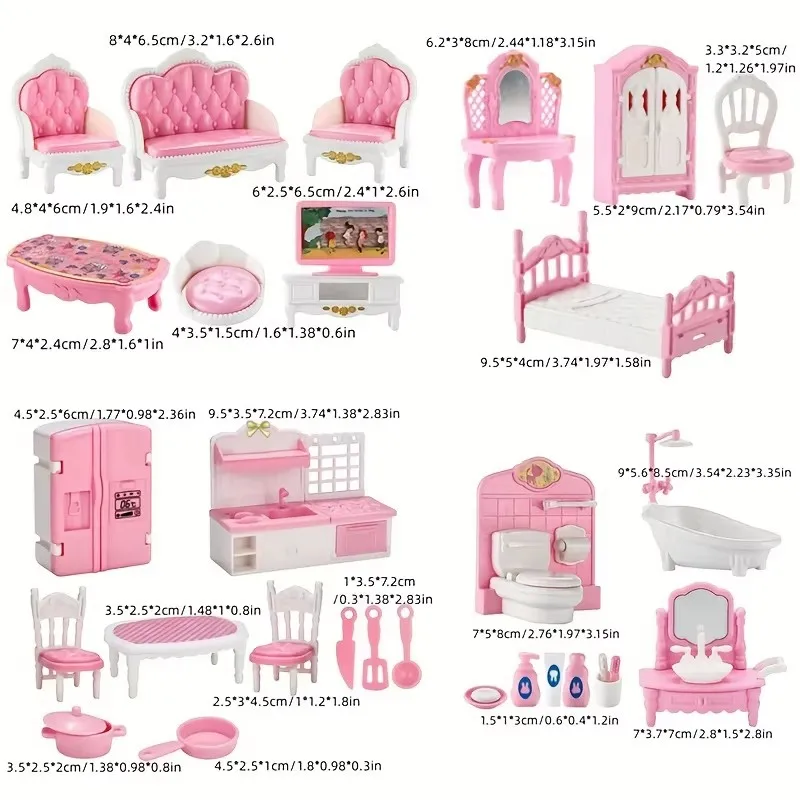 Pink Miniature Dollhouse Furniture Accessories Set Mini House Furniture Room Collection with Bedroom Living Room Kitchen Bathrom