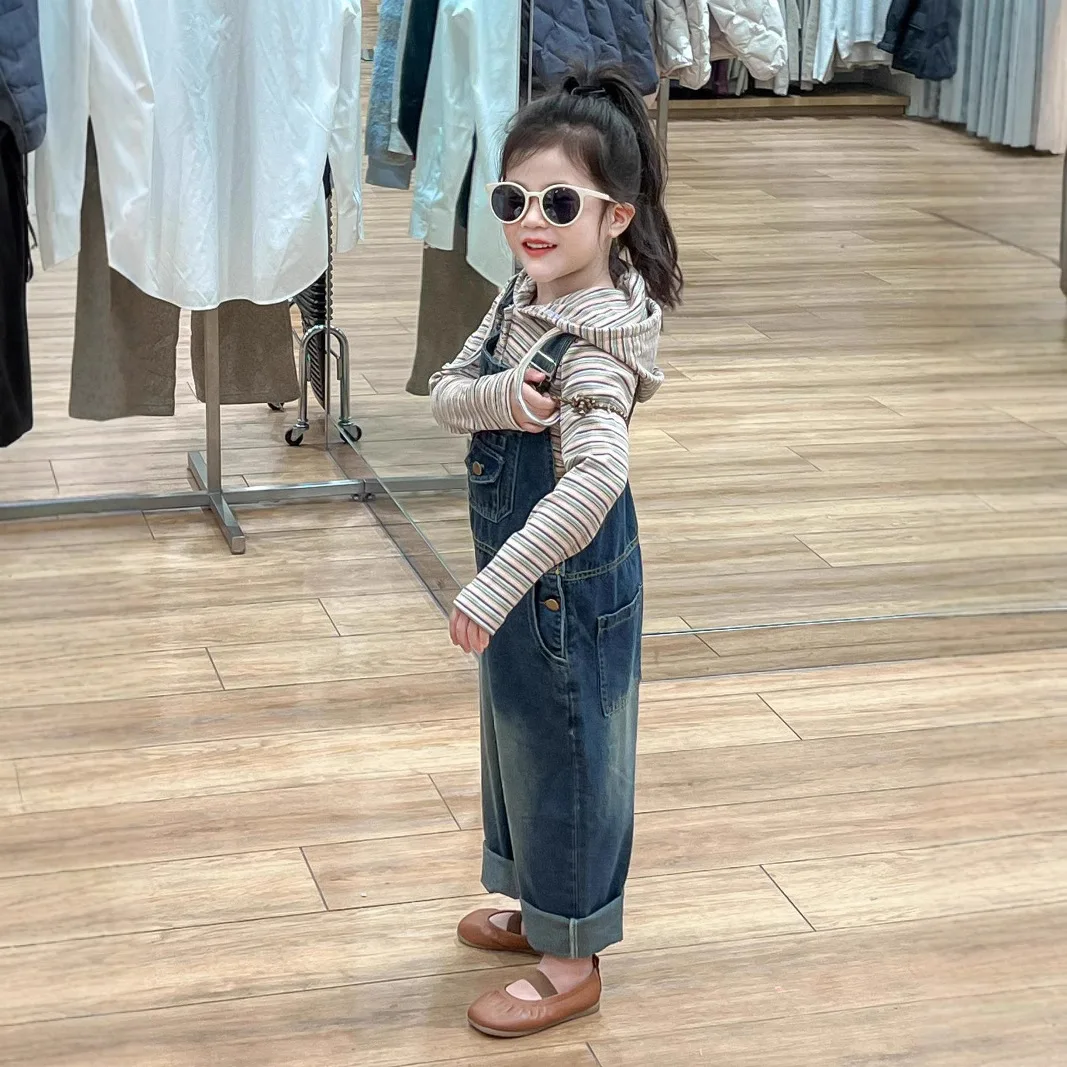 Bib Pants Sweatshirt Girls Spring and Autumn Casual Hooded Striped Hoodie Loose Straight Tube Polished White Denim Bib Pants