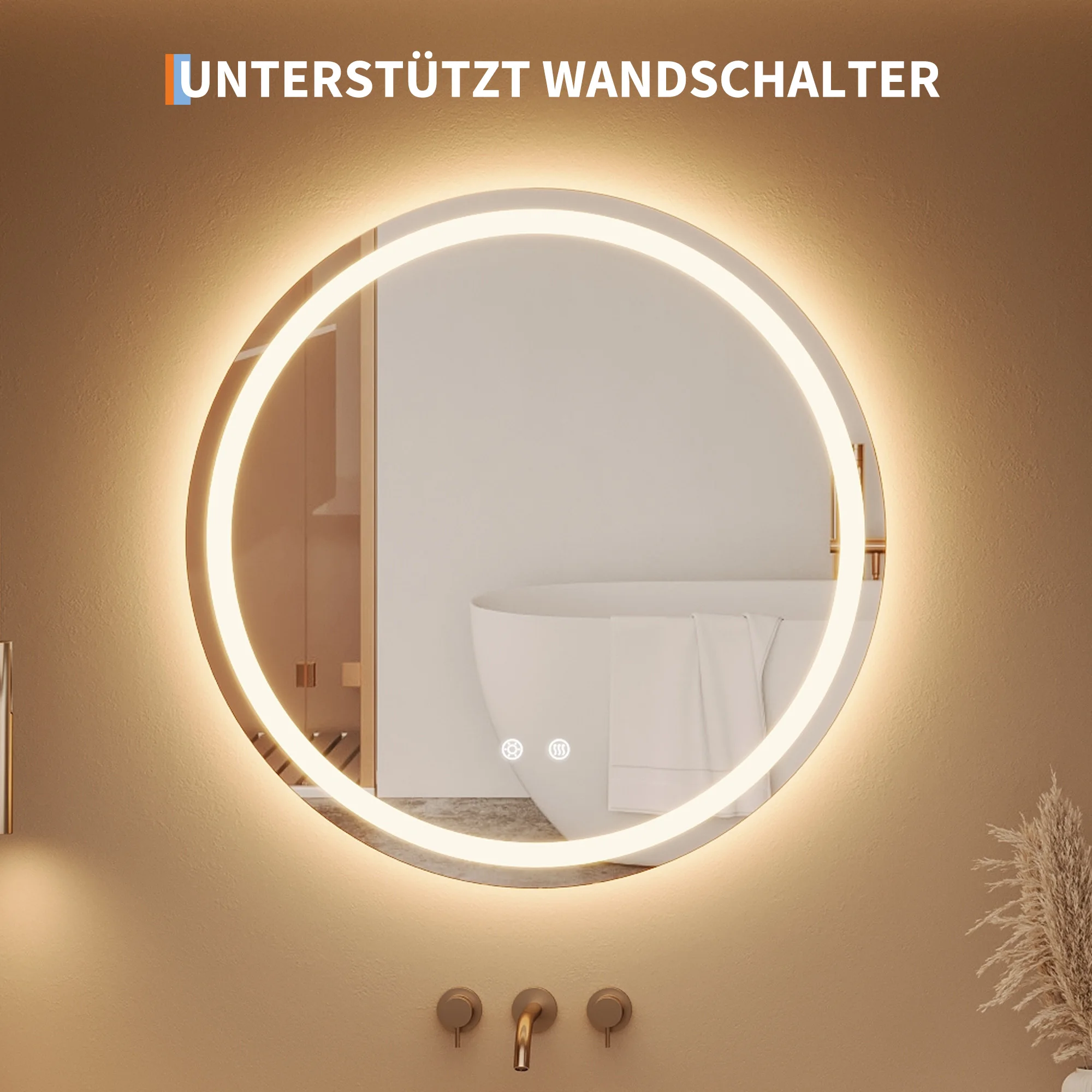 LED-Badezimmerspiegel, rund, 50 cm/60 cm – dimmbar, 3 Lichtfarben, Antibeschlag, Touch-Schalter, rahmenlos, explosionsgeschütztes Glas – moderner Wandspiegel für Badezimmer und Waschtischbereich.