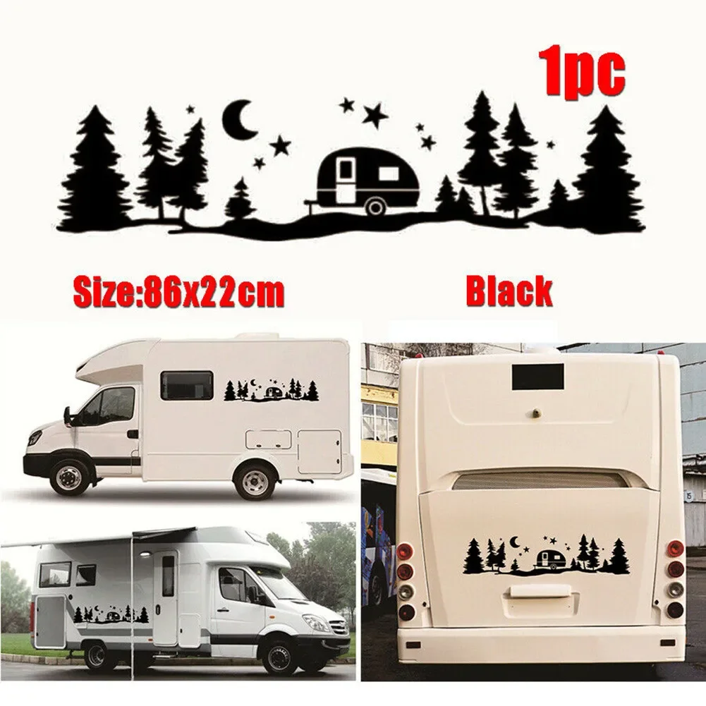 Black Car RV Camper Sticker Motorhome Star Moon Tree Graphic Vinyl Decal 86x22cm Funny Decals Auto Interior Decoration