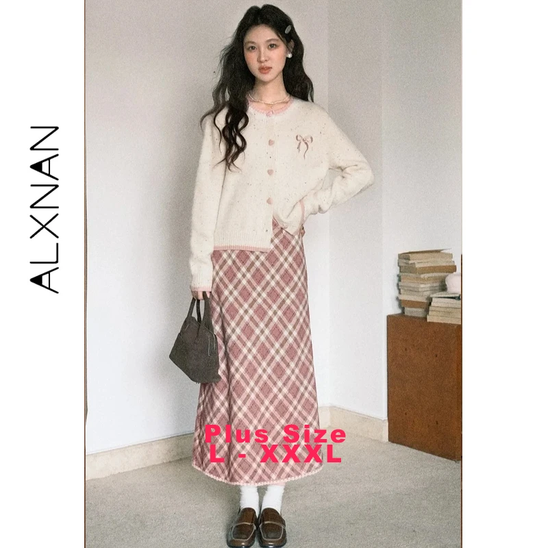 

ALXNAN Plus Size Knit Cardigan Autumn Winter Cute Bow Heart Button Long Sleeve Women's Sweater Loose-fit Casual Warm Tops D59527