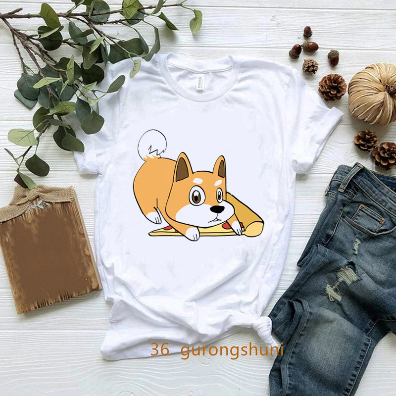 

2022 Women's T shirts Cute Shiba Inu Running Pizza Animal Print Women's T-shirts Harajuku Kawaii Shirt Summer Tshirts Femme Tops