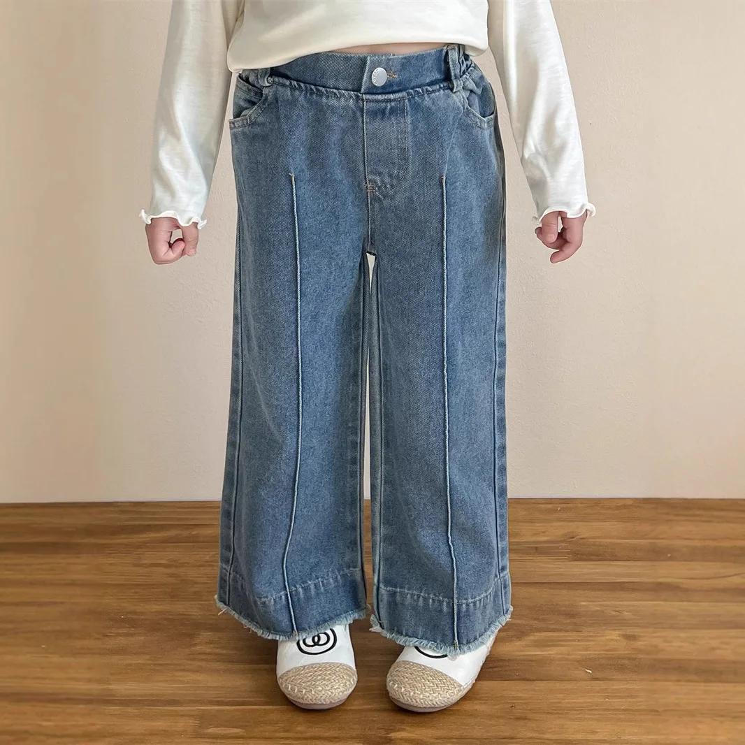

Korean Children's Clothing Girls' Jeans 2025 Spring Pants Trendy Elastic Waist Wide Leg Fold Line Straight Jeans