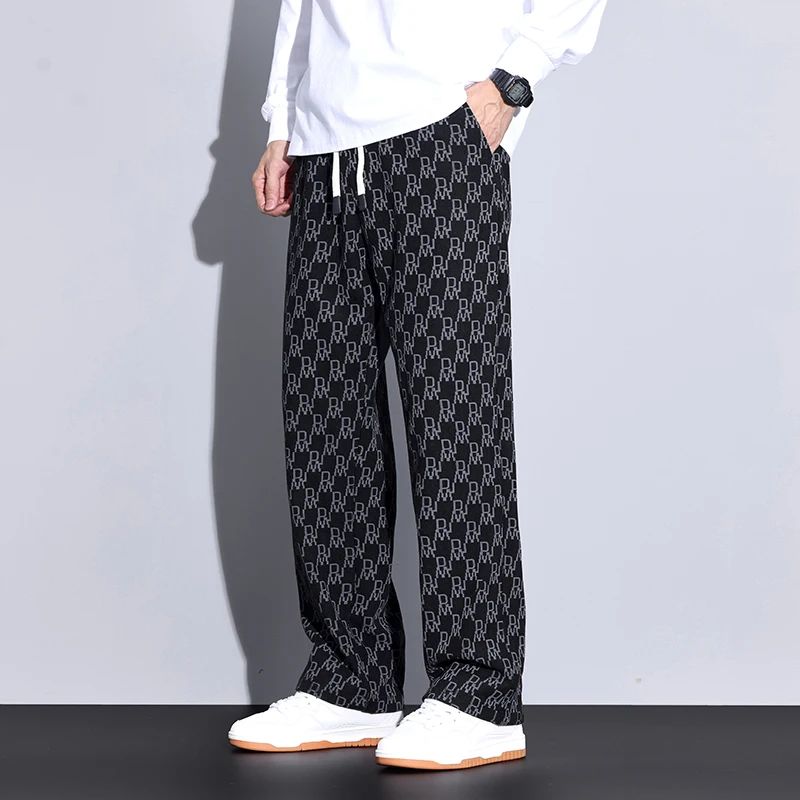 2024 men's autumn and winter fabric striped flat leg casual pants, wearing trendy and comfortable, slightly elastic and loose