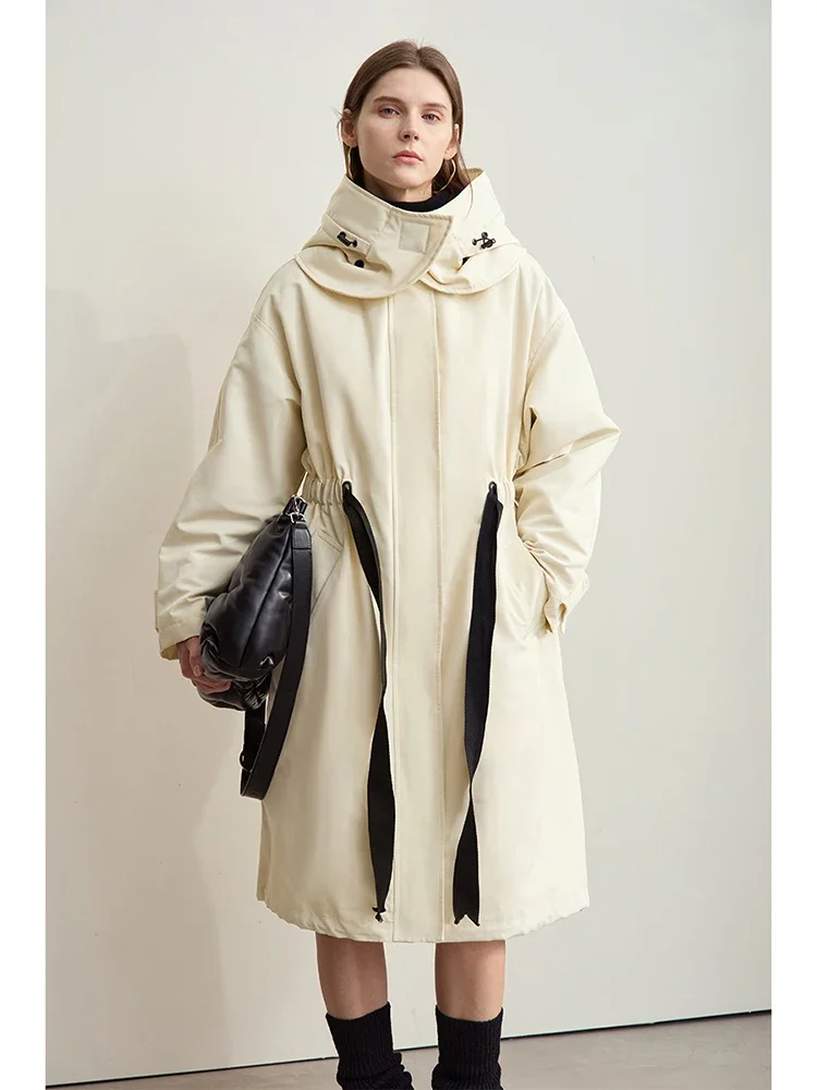 AMII-Ensemble deux pièces minimaliste pour femme, manteau en duvet épissé, capuchon à poignées amovibles, ceinture à cordes de proximité, pardessus long décontracté, hiver 2024, 12444037