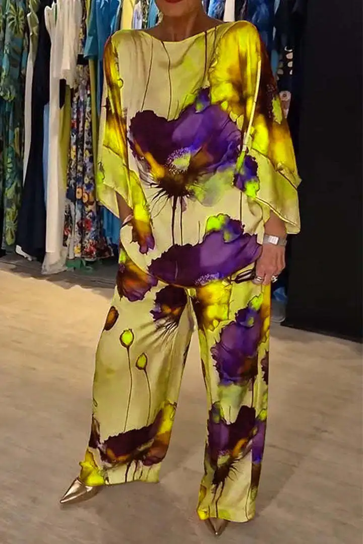 Women's Summer Fashion Printed Satin Two-piece Set Feminine Round Neck Long Sleeve Top Wide Leg Pants Casual Two-piece Set