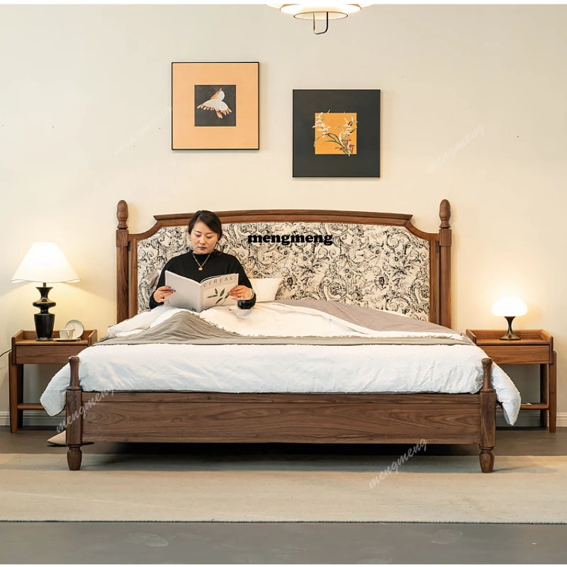 Black Walnut Bedroom Bed Modern Minimalist America Backrest King Size Double Bed Loft 180X200cm Leather Cama Home Furniture