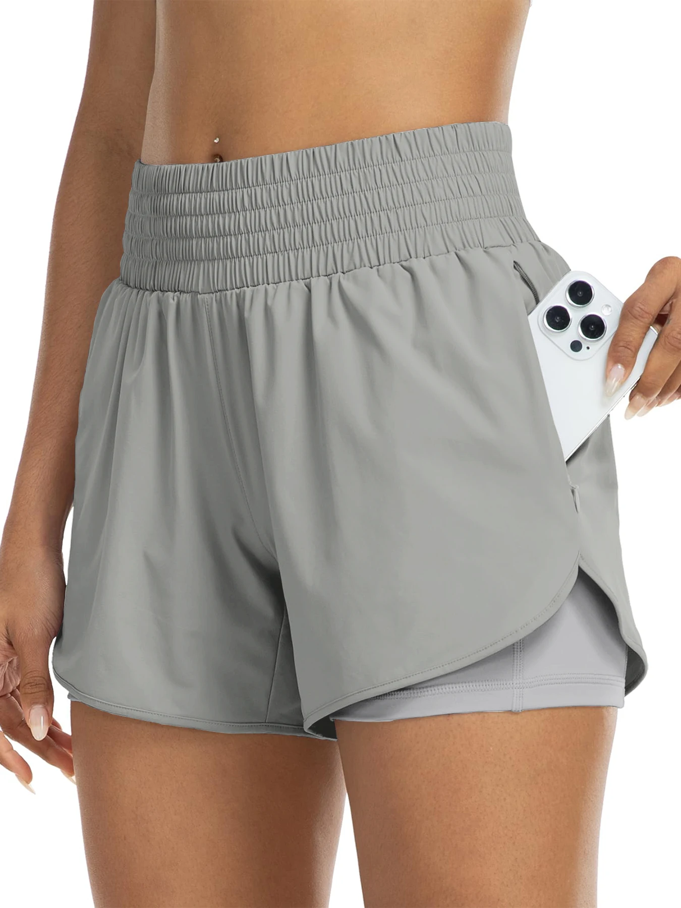 Dames atletische shorts met hoge taille voor hardlopen, yoga, gelaagd ontwerp, anti-blootstelling, fitness en training met zakken